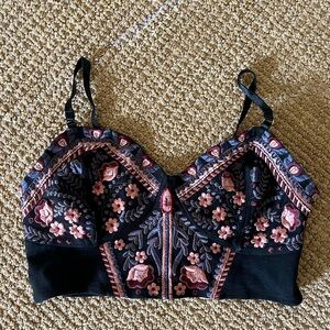 Free People Black and Pink Embroidered Crop Top